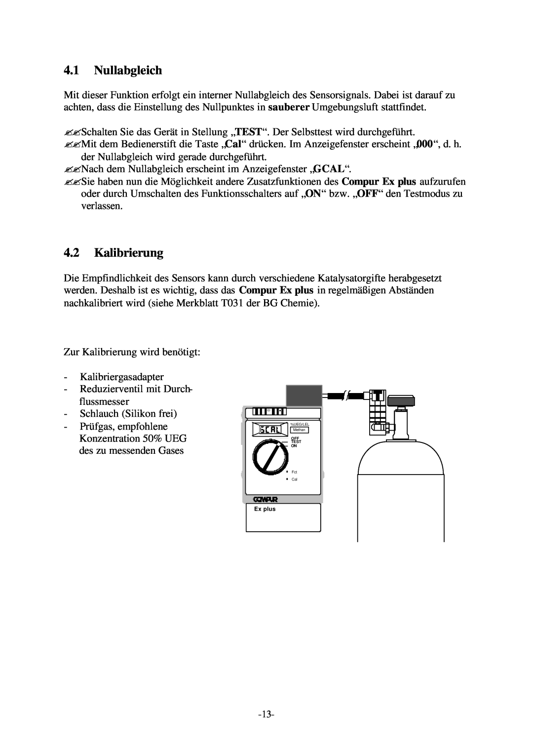 Compur Gas Detector manual 4.1Nullabgleich, 4.2Kalibrierung 