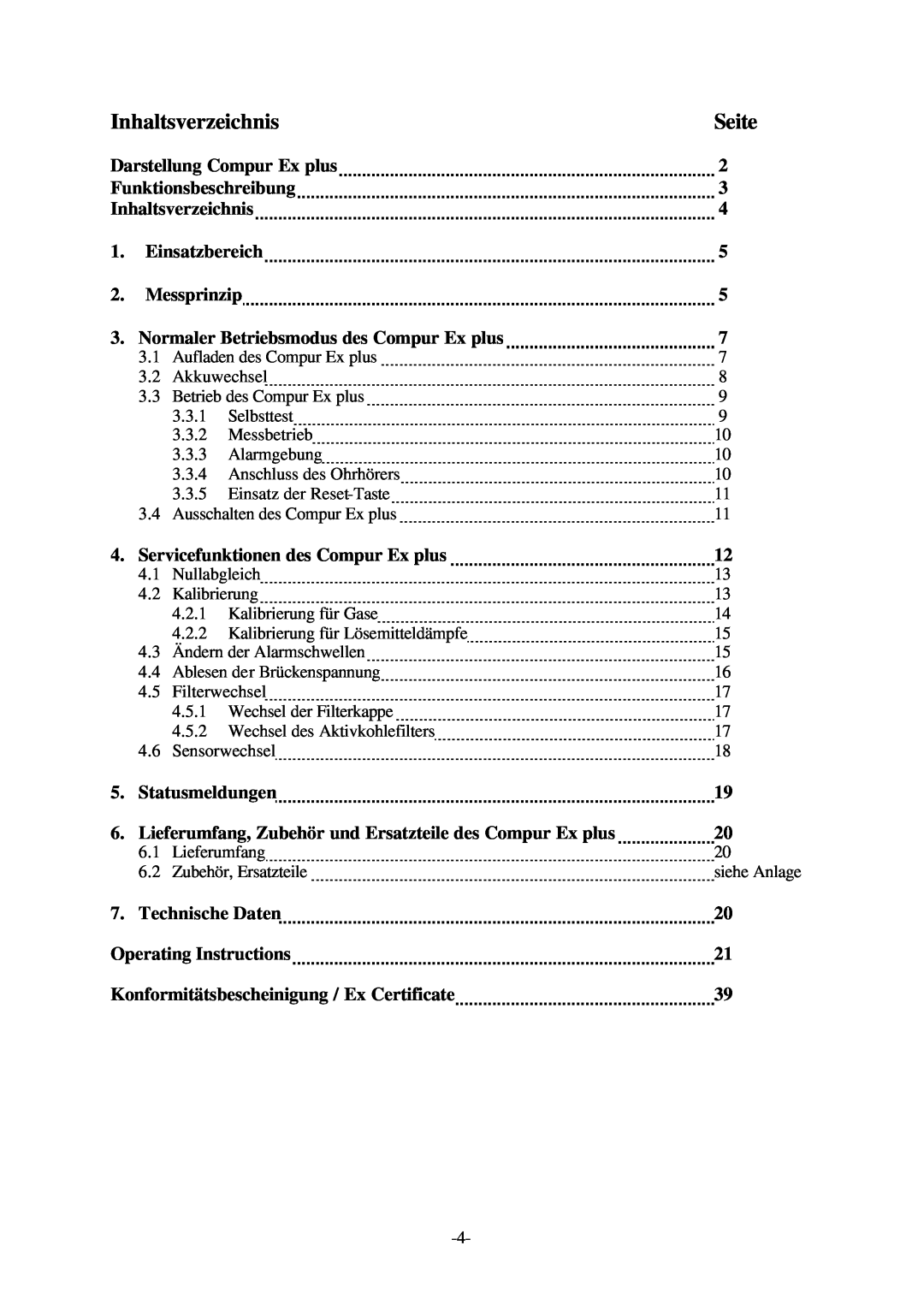 Compur Gas Detector manual Inhaltsverzeichnis, Seite 