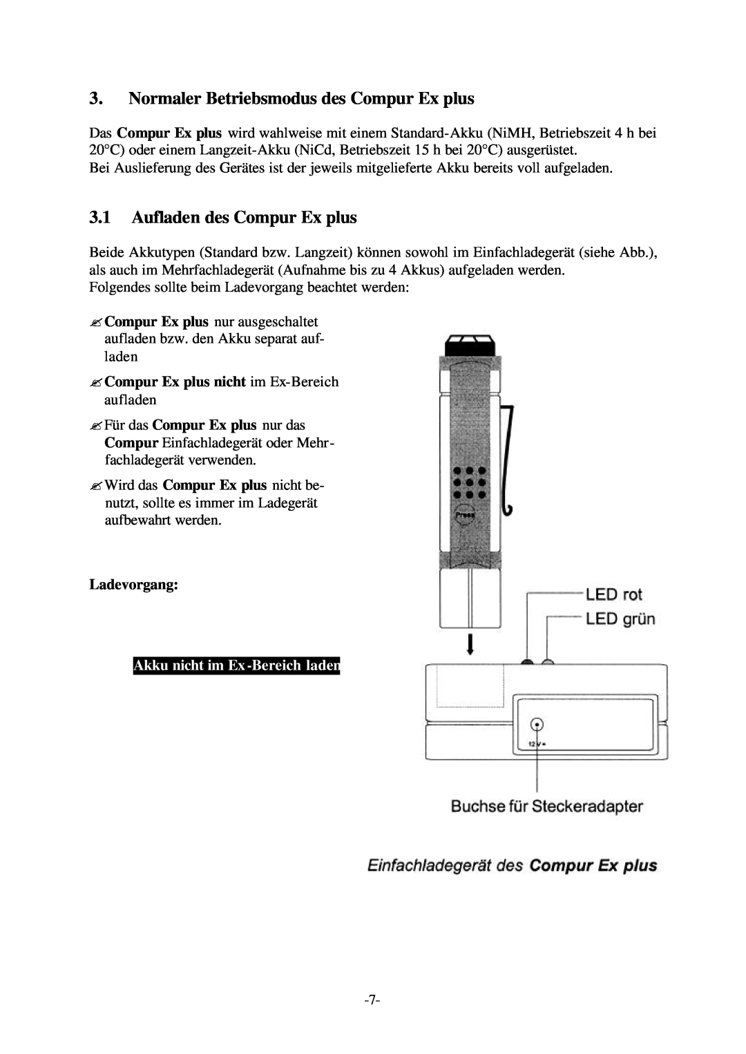 Compur Gas Detector manual Normaler Betriebsmodus des Compur Ex plus, 3.1Aufladen des Compur Ex plus, Ladevorgang 