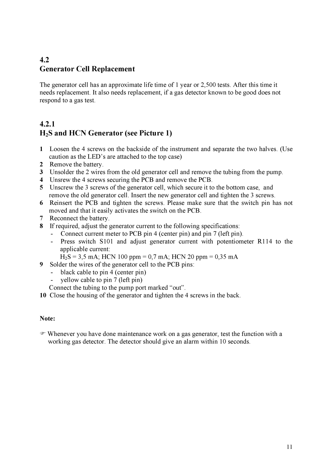 Compur Gas Generator manual Generator Cell Replacement, H2S and HCN Generator see Picture 