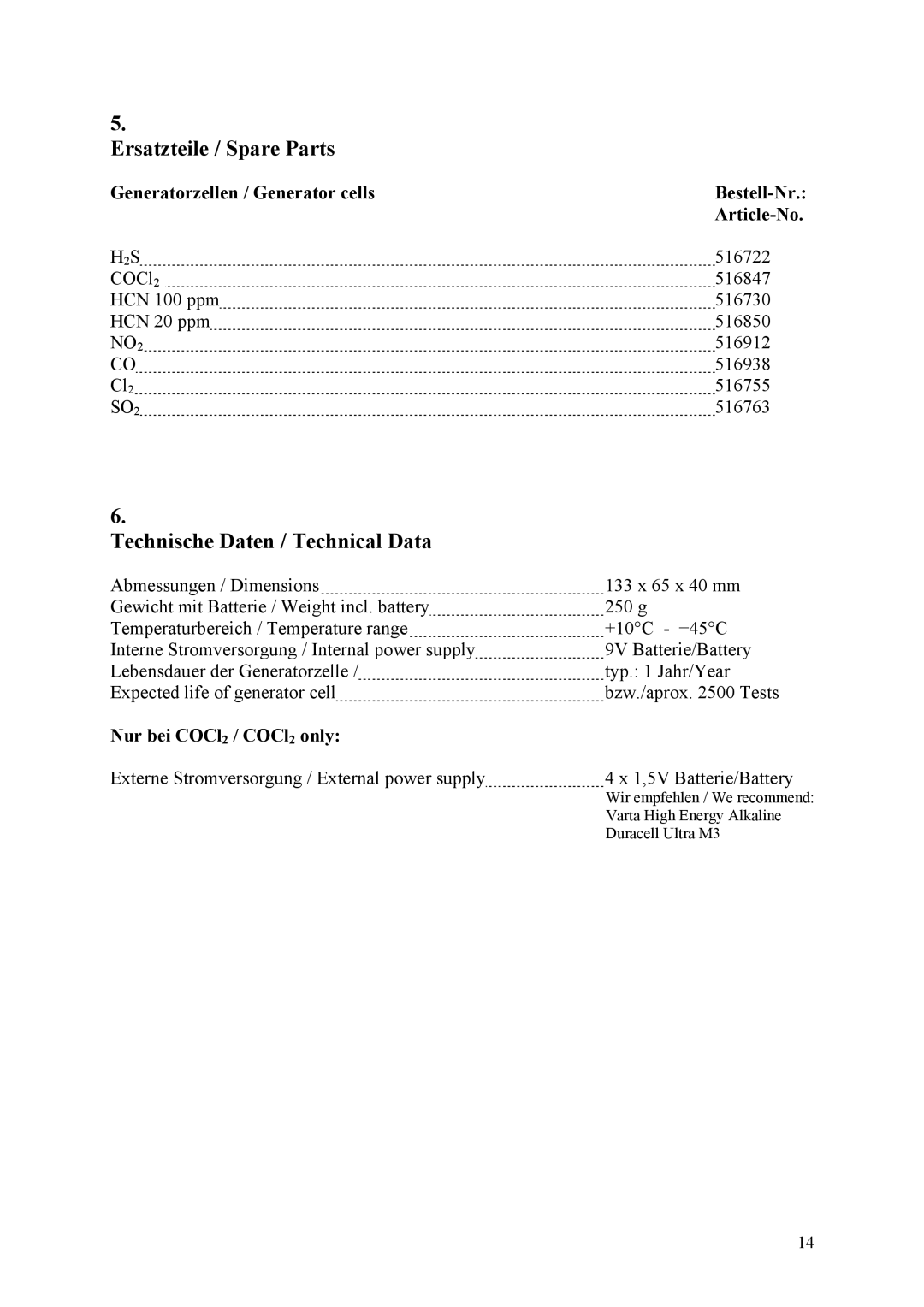 Compur Gas Generator manual Ersatzteile / Spare Parts, Technische Daten / Technical Data, Nur bei COCl2 / COCl2 only 