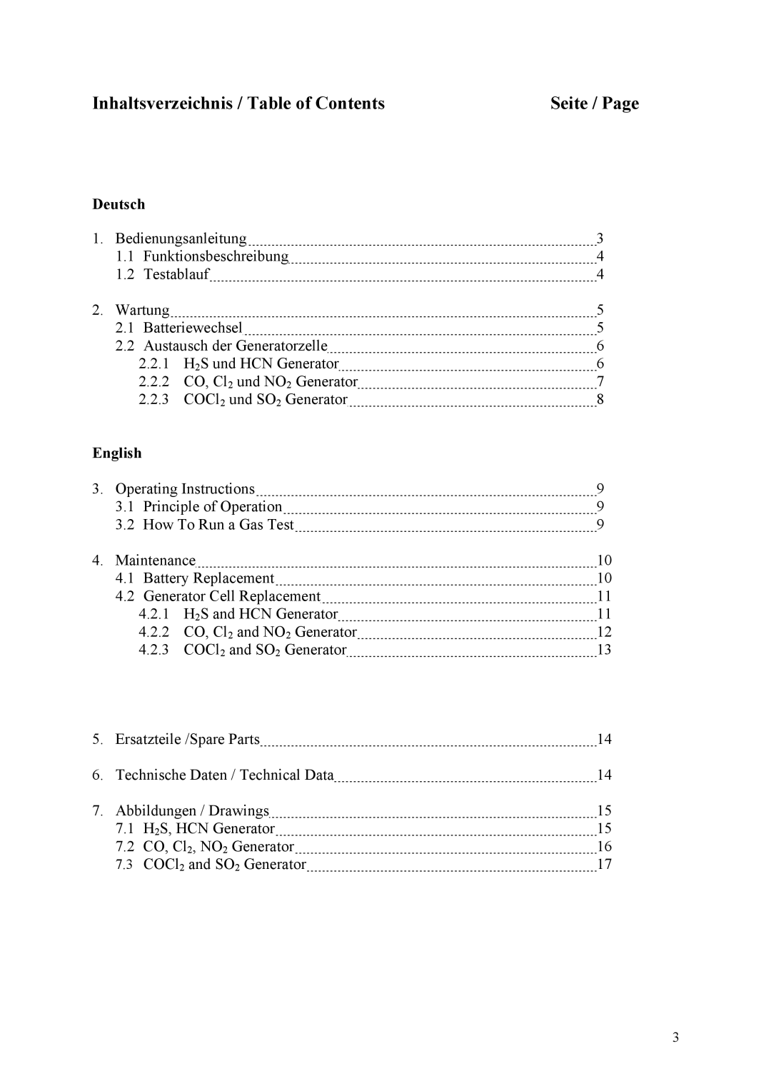 Compur Gas Generator manual Inhaltsverzeichnis / Table of Contents 