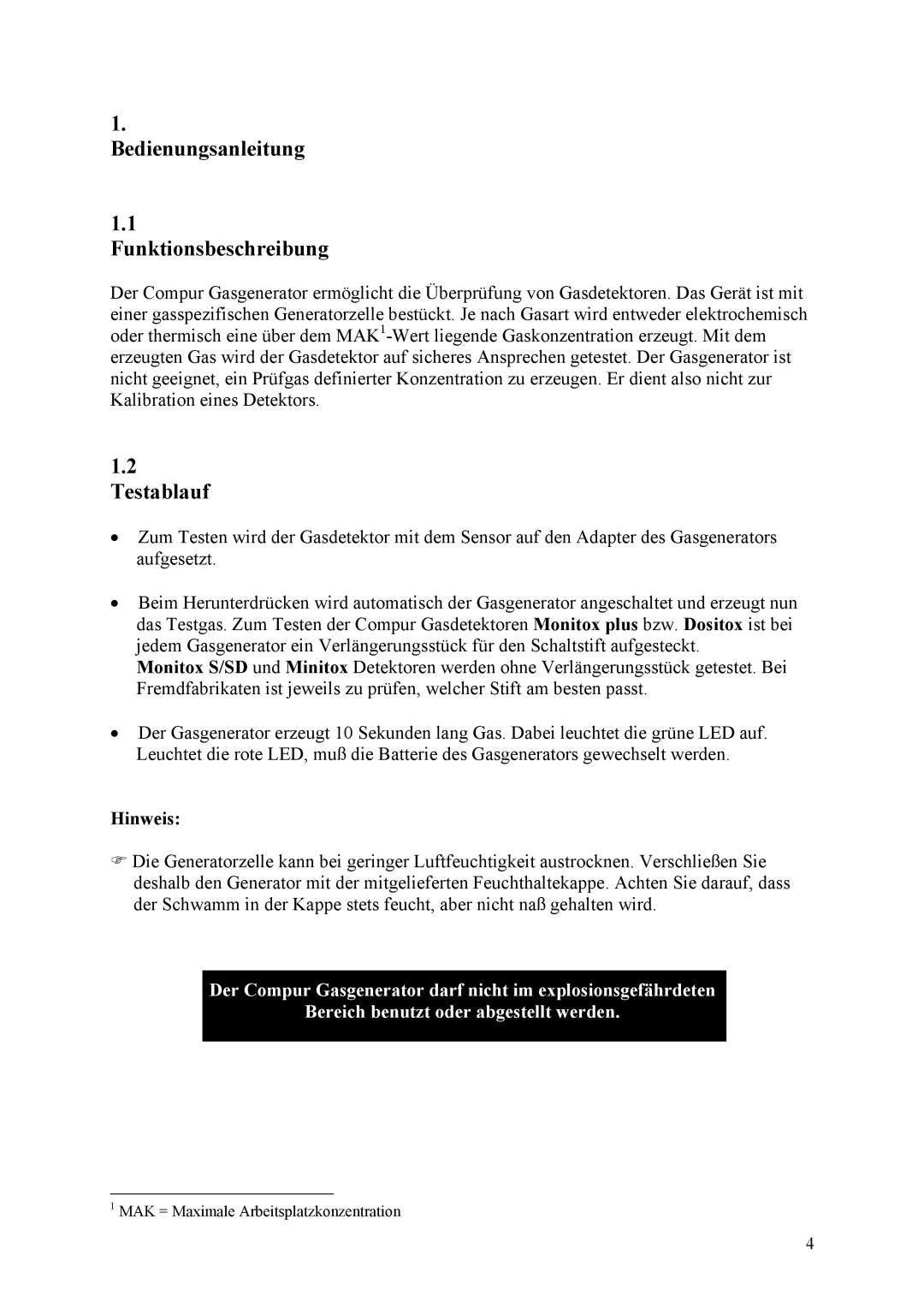 Compur Gas Generator manual Bedienungsanleitung Funktionsbeschreibung, Testablauf, Hinweis 