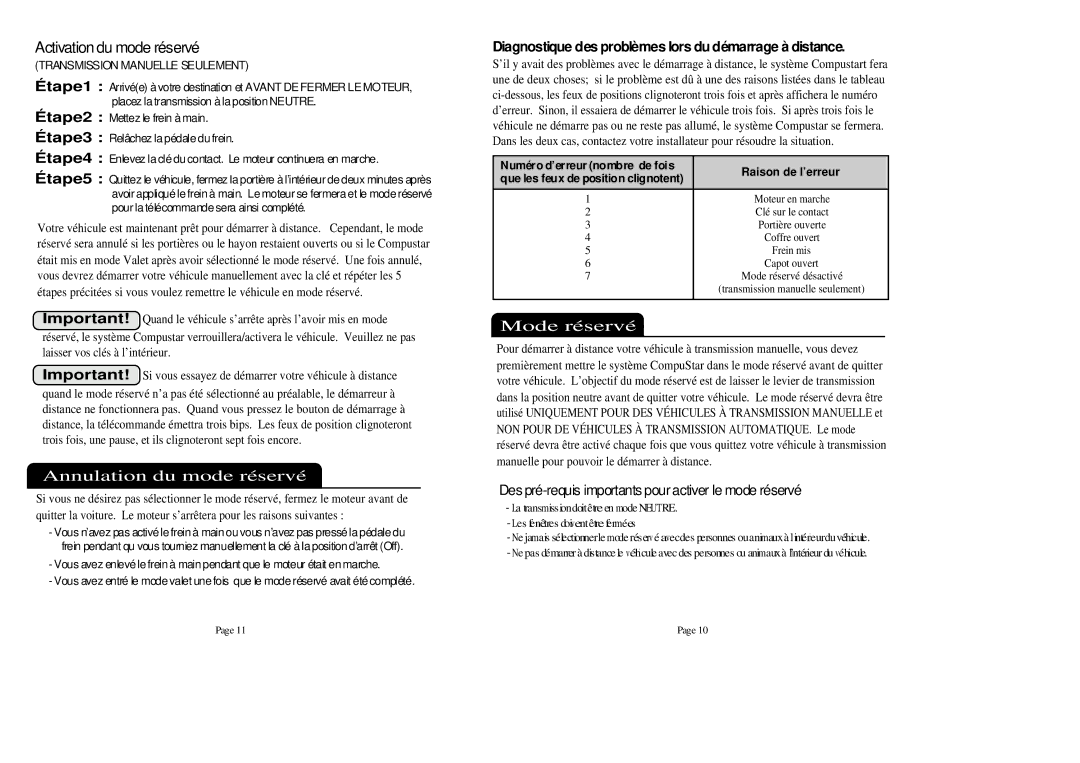 CompuSTAR 2W900FMR manual Annulation du mode réservé, Mode réservé, Des pré-requis importants pour activer le mode réservé 