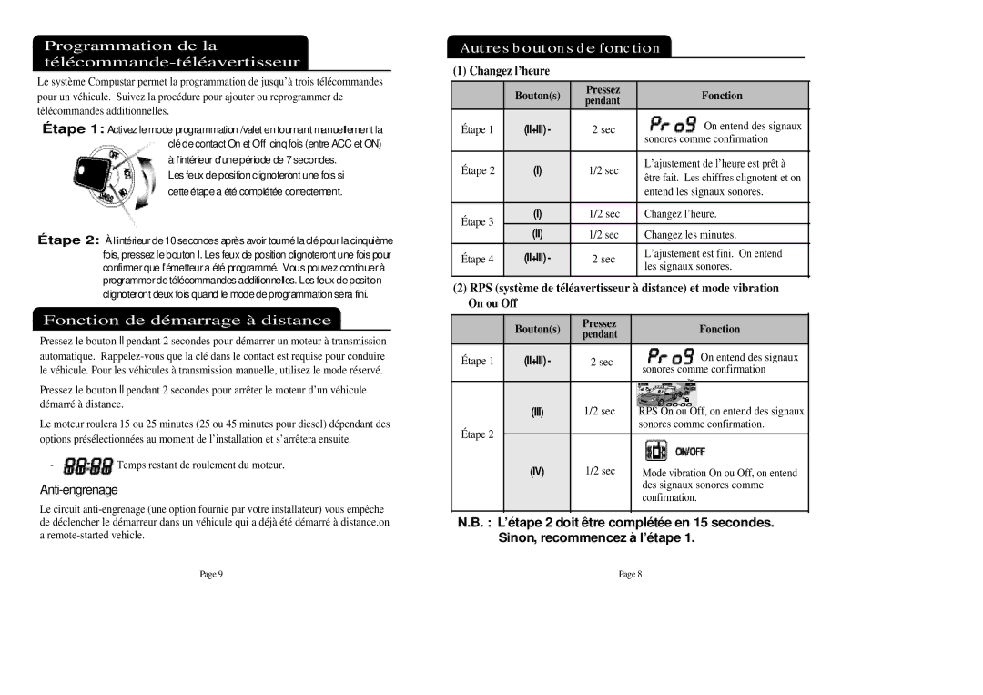 CompuSTAR 2W900FMR Programmation de la télécommande-téléavertisseur, Fonction de démarrage à distance, Anti-engrenage 