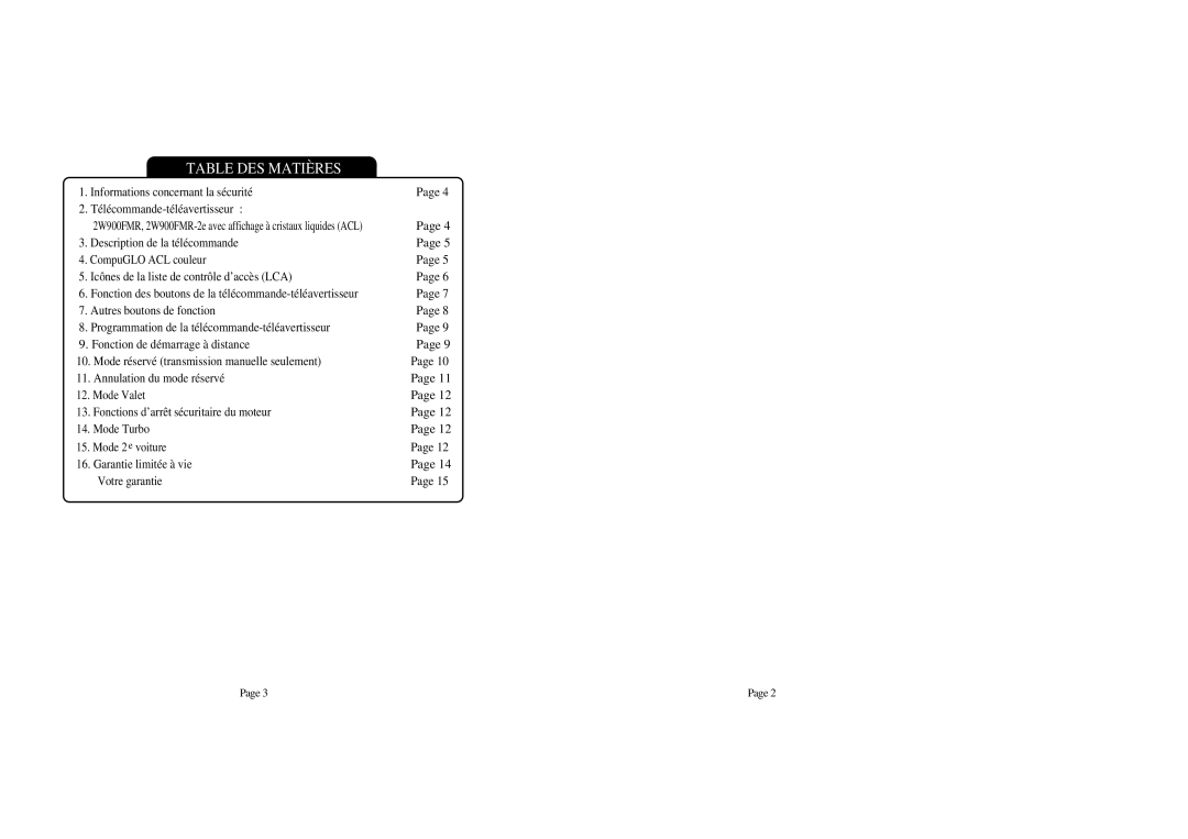 CompuSTAR 2W900FMR manual Table DES Matières 