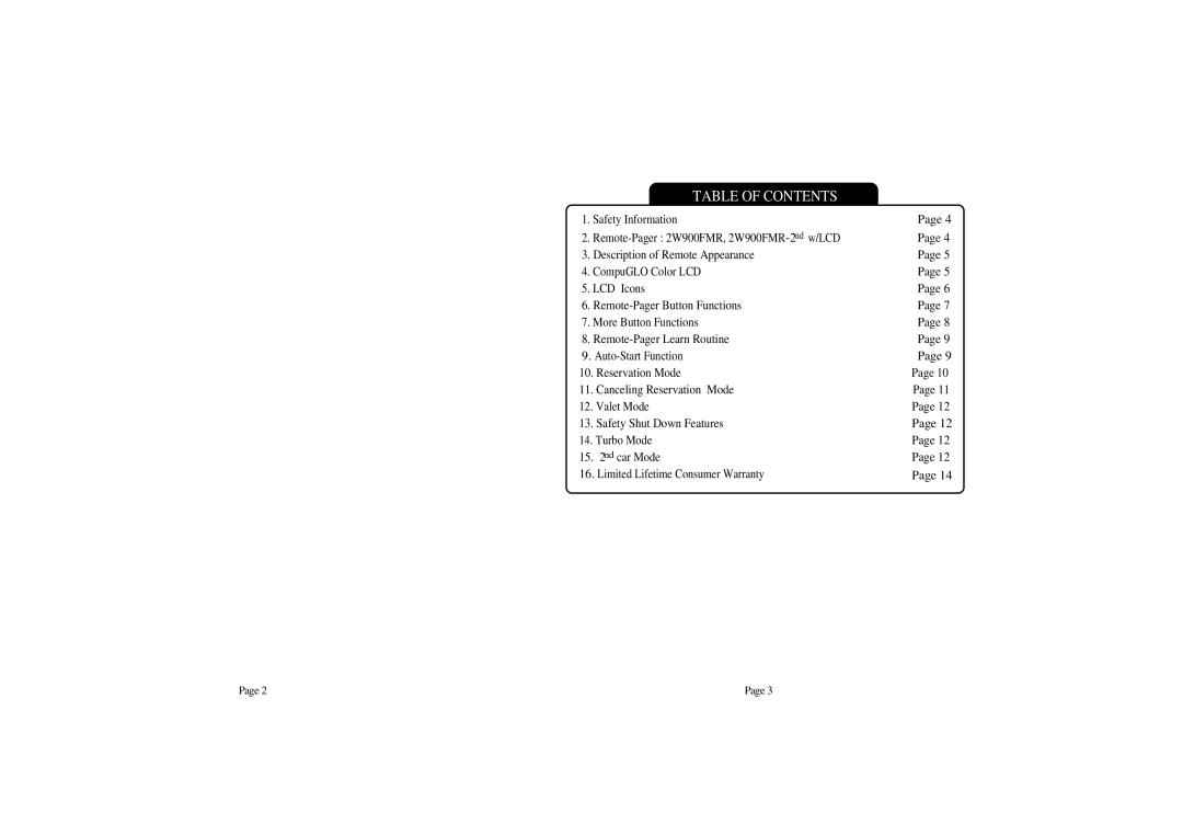 CompuSTAR 2W900FMR manual Table of Contents 