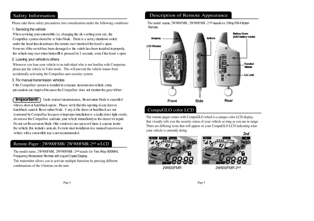 CompuSTAR manual Safety Information, Remote-Pager 2W900FMR/ 2W900FMR-2ndw/LCD, Description of Remote Appearance 