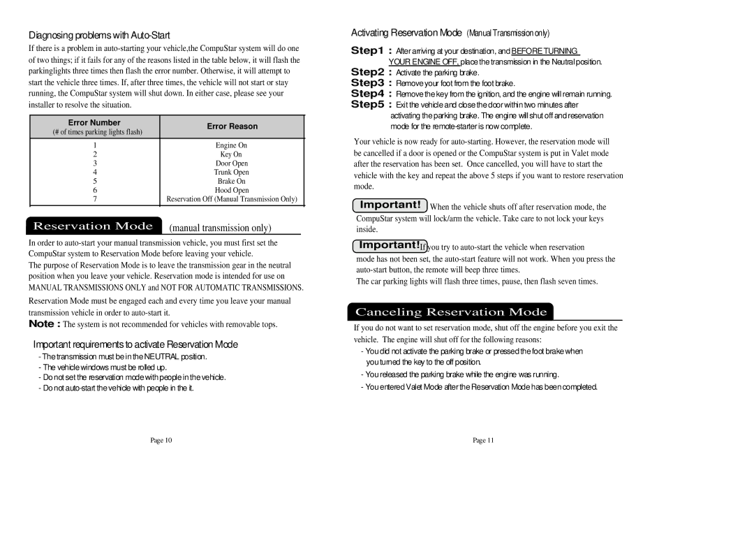 CompuSTAR 2W900FMR manual Canceling Reservation Mode, Diagnosing problems with Auto-Start 