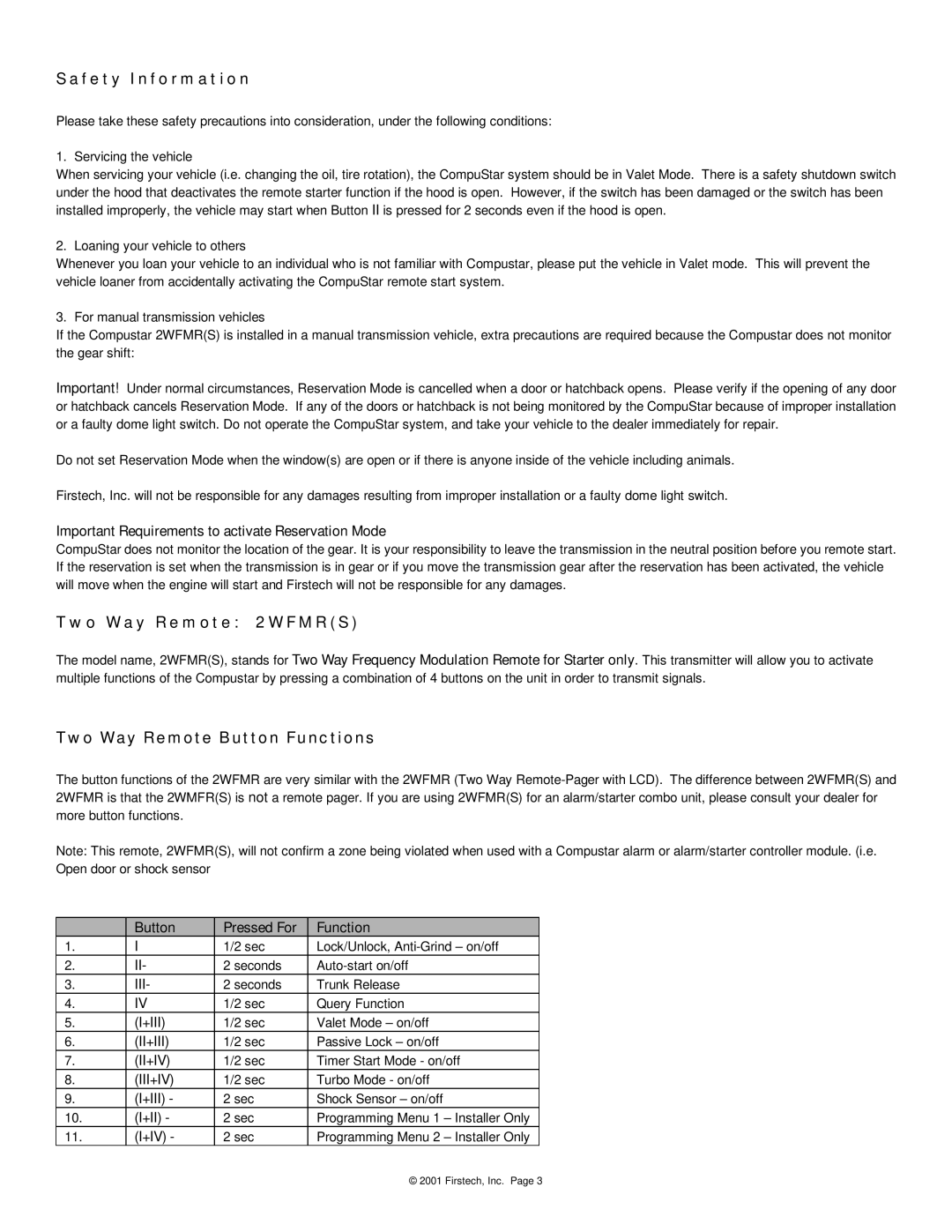 CompuSTAR Safety Information, Important Requirements to activate Reservation Mode, Two Way Remote 2WFMRS, +Iii, +Iv 