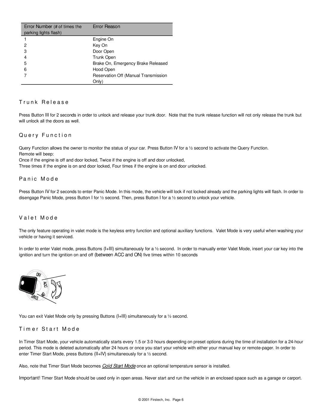 CompuSTAR 2WFMRS manual Error Reason, Trunk Release, Query Function, Panic Mode, Valet Mode, Timer Start Mode 