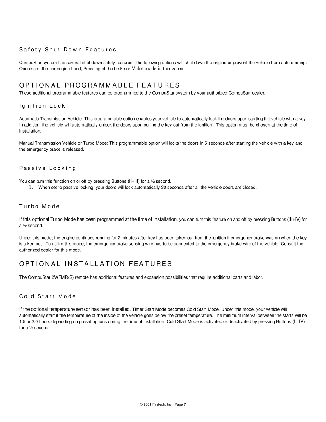 CompuSTAR 2WFMRS manual Safety Shut Down Features, Ignition Lock, Passive Locking, Cold Start Mode 