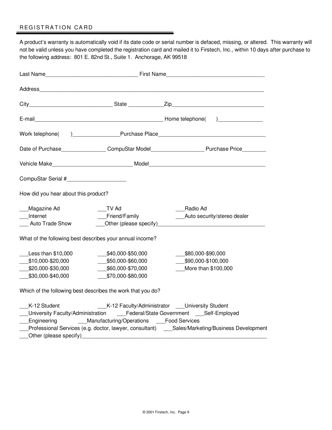 CompuSTAR 2WFMRS manual Registration Card 