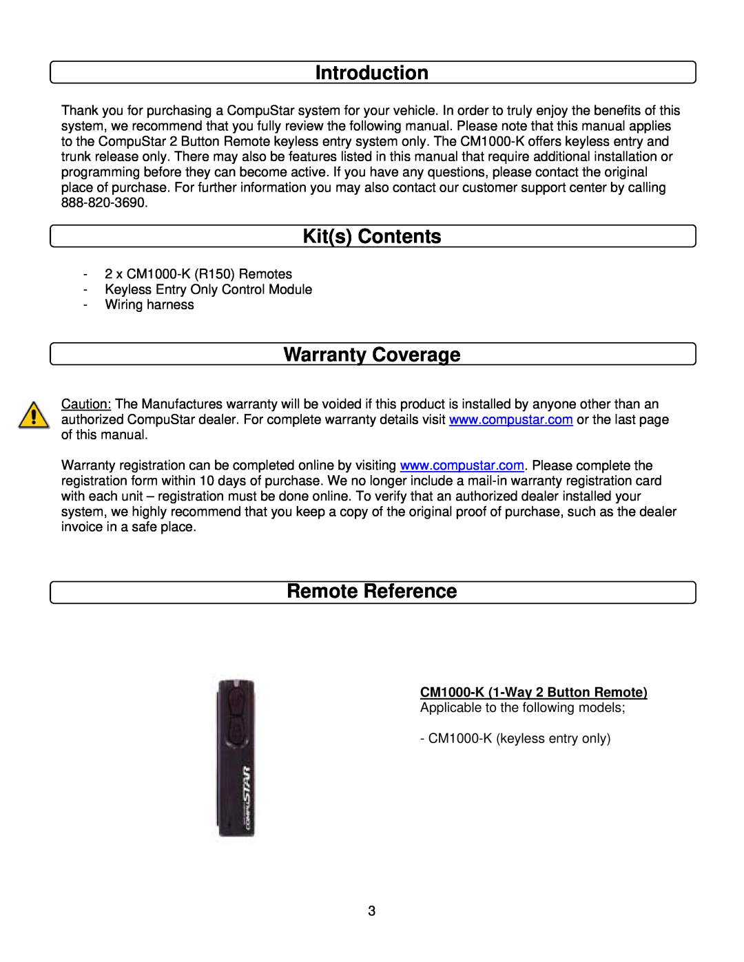 CompuSTAR user manual Introduction, Kits Contents, Warranty Coverage, Remote Reference, CM1000-K 1-Way2 Button Remote 