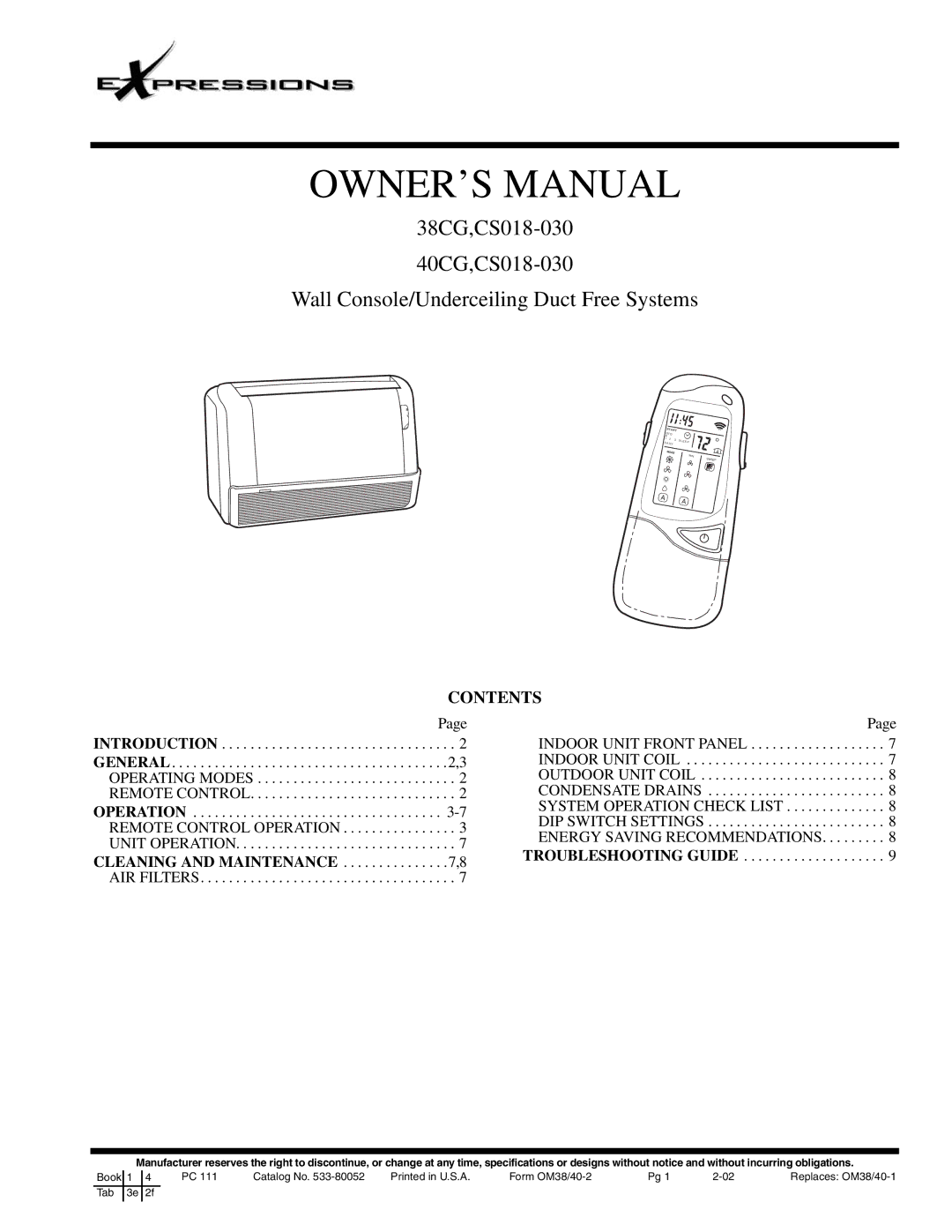 Computer Expressions 40CG, CS018-030, 38CG manual Contents 