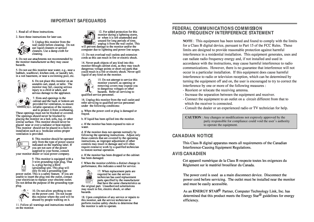 Computer Tech Link 910TF manual Important Safeguards, Canadian Notice, Avis Canadien 
