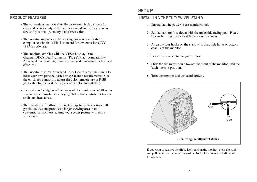 Computer Tech Link CTL 5fln manual Setup, Removing the tilt/swivel stand 