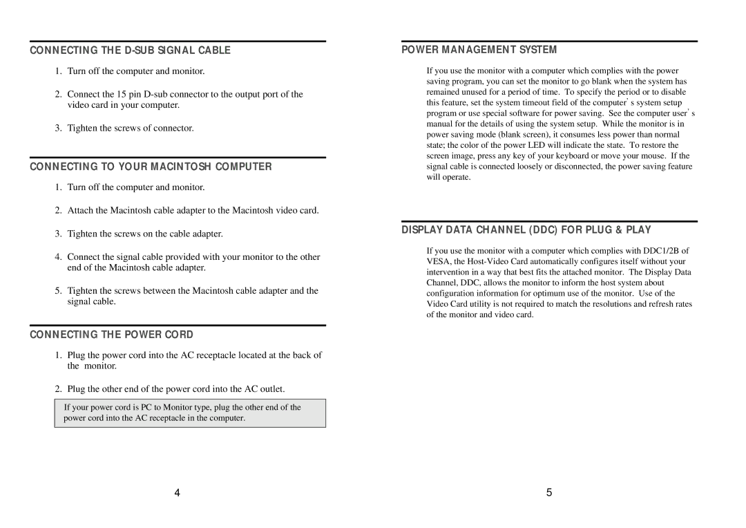 Computer Tech Link CTL 5fln manual Connecting the D-SUB Signal Cable 