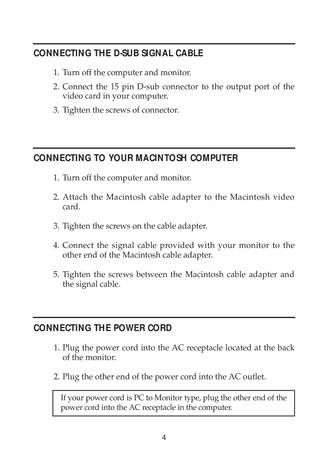 Computer Tech Link CTL 5xn user manual Connecting the D-SUB Signal Cable, Connecting to Your Macintosh Computer 