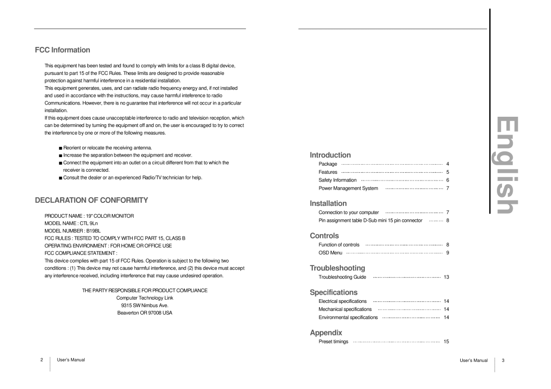 Computer Tech Link CTL9Ln FCC Information, Introduction, Installation, Controls, Troubleshooting, Specifications, Appendix 