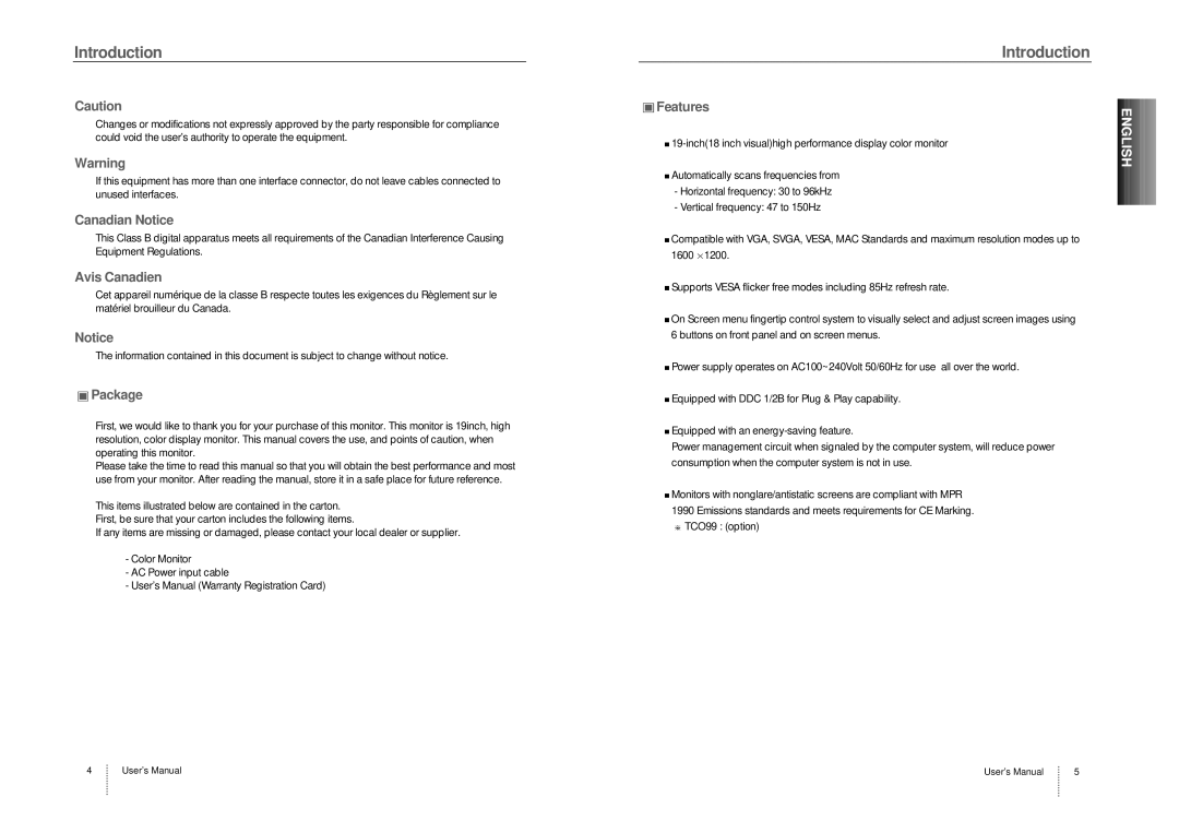 Computer Tech Link CTL9Ln user manual Canadian Notice, Avis Canadien, Package, Features, TCO99 option 