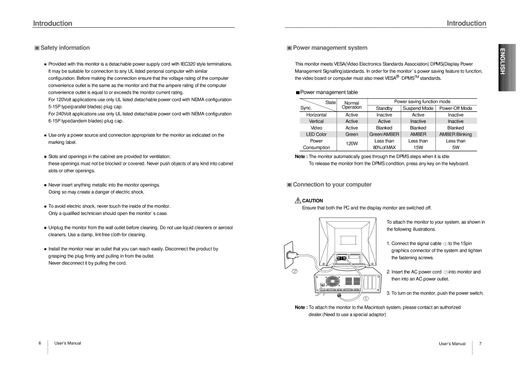 Computer Tech Link CTL9Ln Safety information, Connection to your computer, Power management system, Power management table 