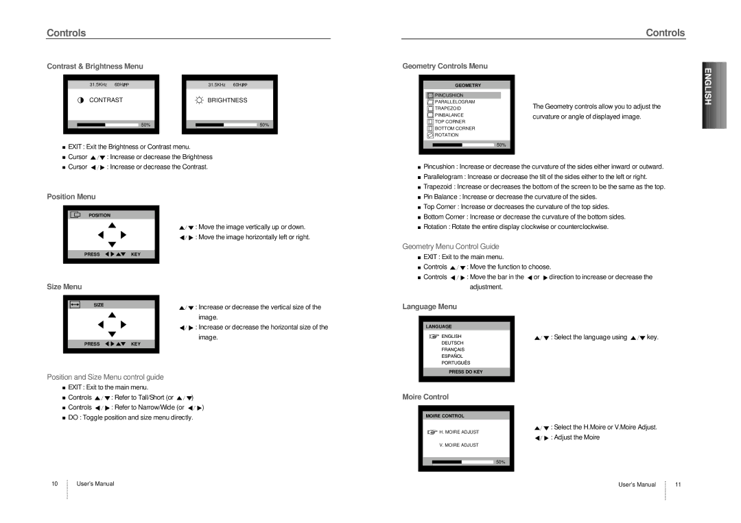 Computer Tech Link CTL9Ln Contrast & Brightness Menu, Geometry Controls Menu, Position Menu, Size Menu, Language Menu 