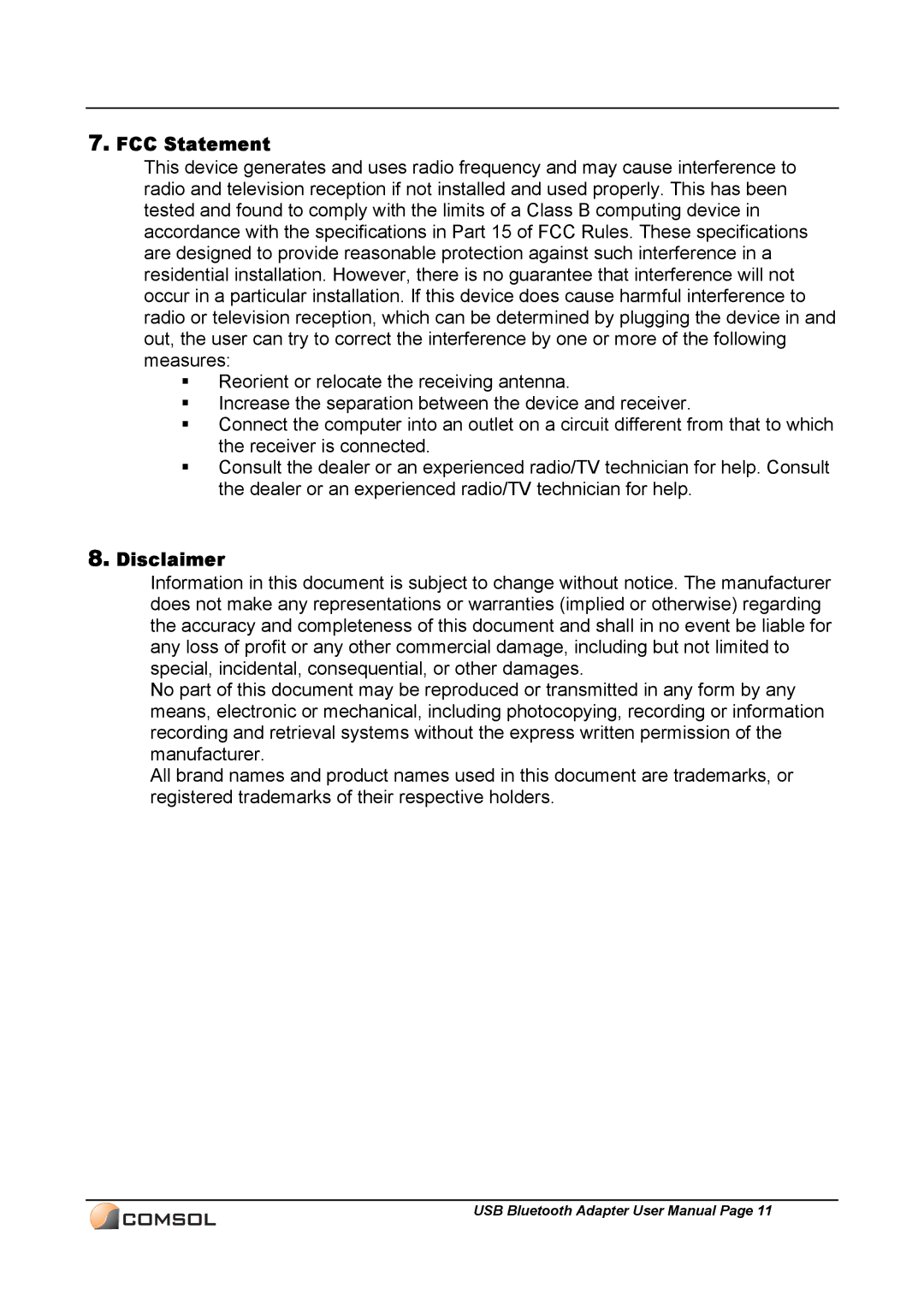 COMSOL UBT-120 user manual FCC Statement 