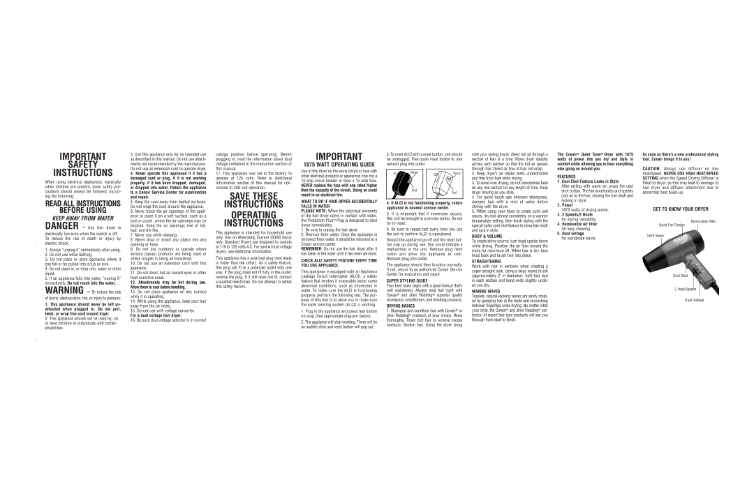 Conair 060QR important safety instructions Watt Operating Guide 