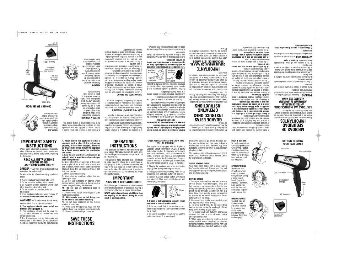 Conair 070RACHN important safety instructions Importante, Save These Instructions Operating 