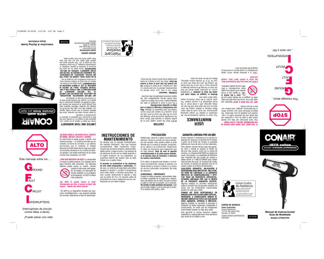 Conair 070RACHN important safety instructions Maintenance User, Mantenimiento, Almacenaje Importante, Centro DE Servicio 