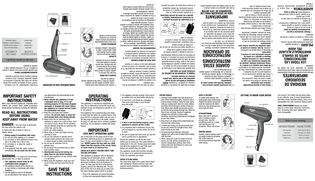 Conair 121NP important safety instructions El reducir Para, Líquido otro u agua, Lavabo un, Aparato Cualquier, Inlets 