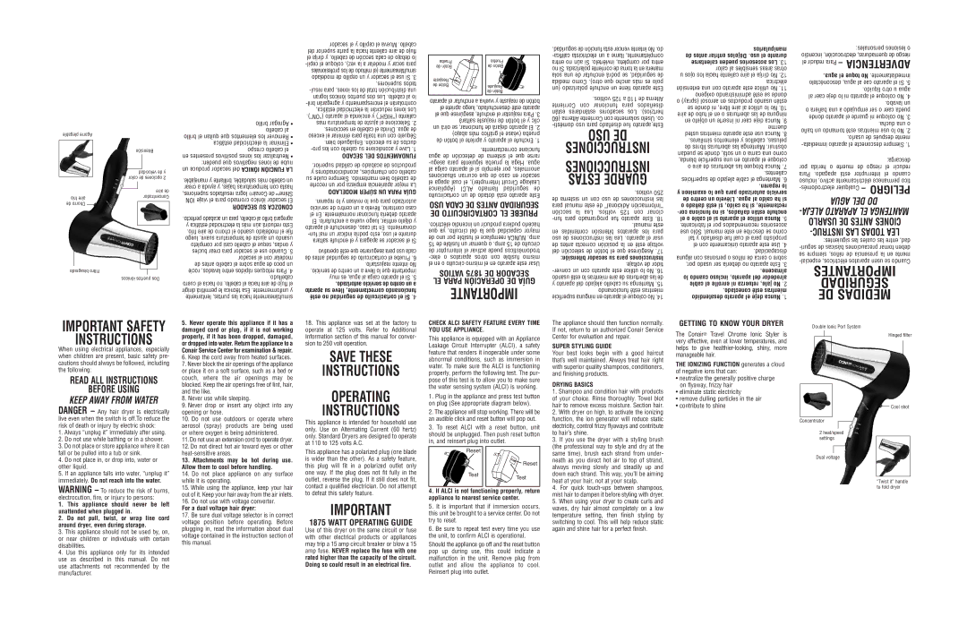 Conair 141F important safety instructions Importante, Save These Instructions Operating 