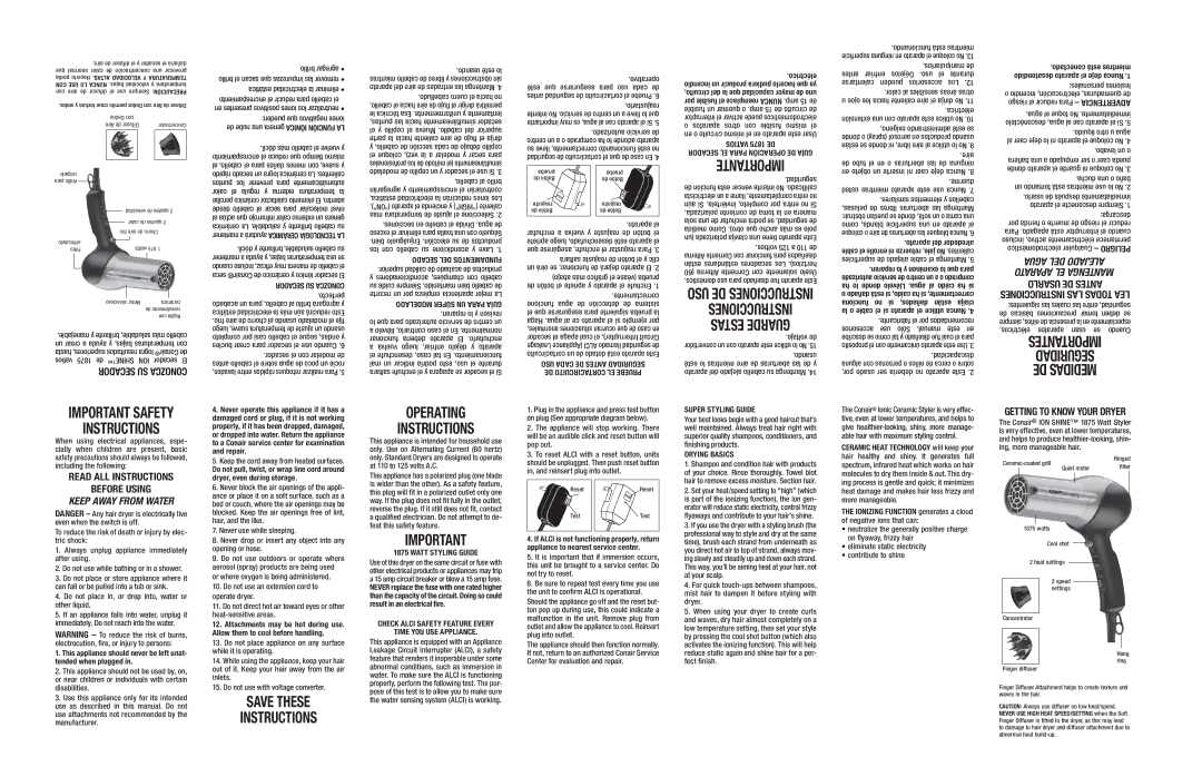 Conair 146XR important safety instructions Importante, Important Safety Instructions, Save These Instructions Operating 