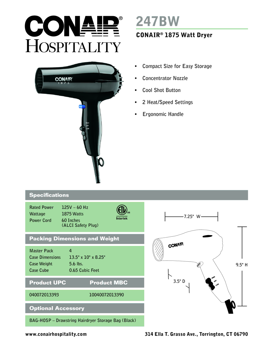 Conair 185 specifications 247BW, Conair 1875 Watt Dryer 