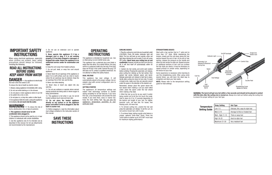 Conair 2011, 2010, 2013, 2012 operating instructions Dual Voltage, Getting Started, Curling Basics, Straightening Basics 