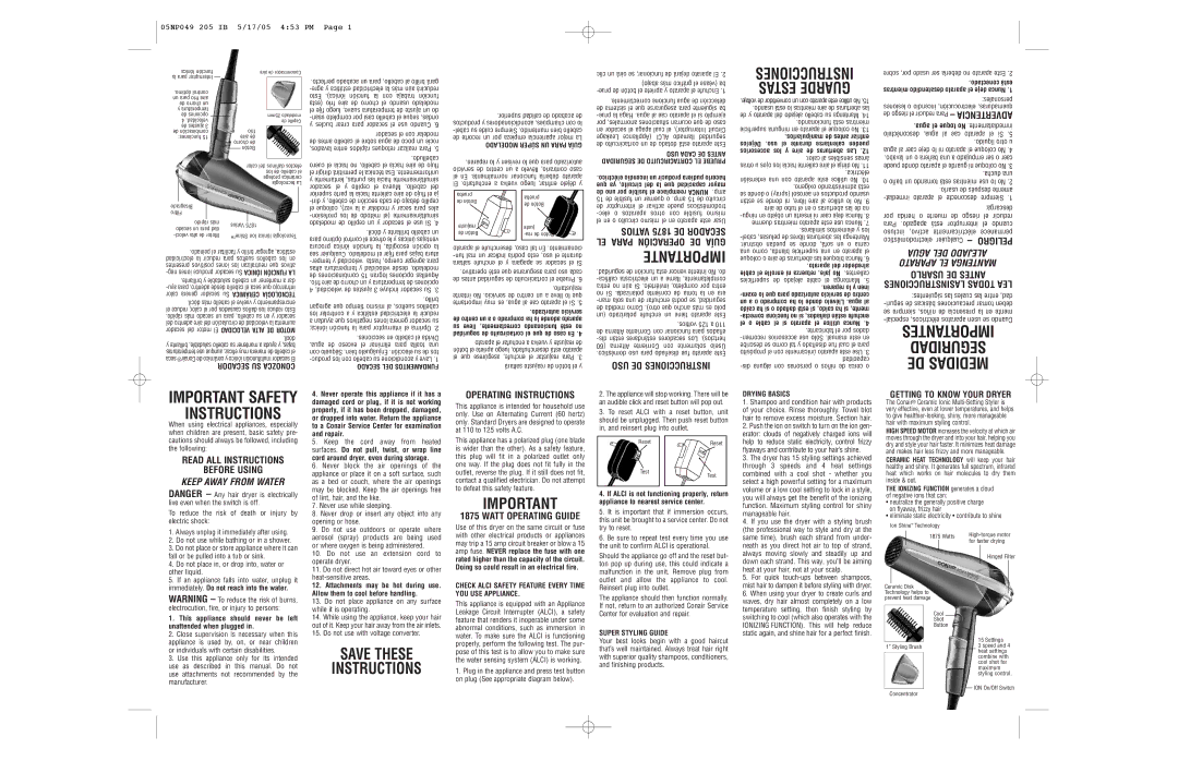 Conair 205 important safety instructions De interruptor el, Elec o aparatos Otros Con, No Si .polarizada, Eléctricamente 