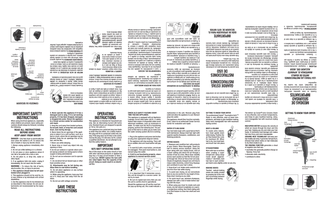 Conair 207 important safety instructions Usarlo DE Antes, Watt Operating Guide 