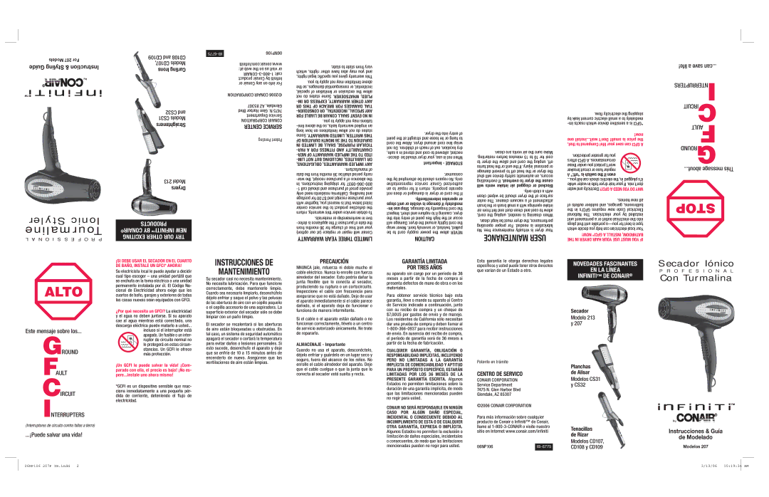 Conair 207 important safety instructions Precaución, Garantía Limitada POR Tres Años, Centro DE Servico, Conair Corporation 