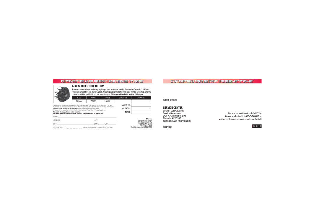 Conair 208 manual Accessories Order Form, Service Center, Conair Corporation 