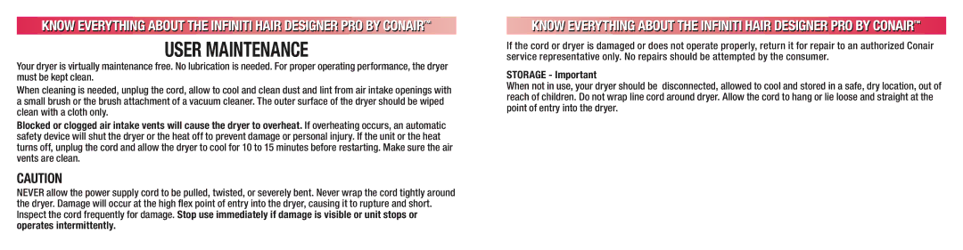 Conair 224 manual User Maintenance 