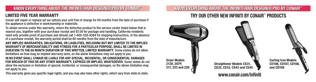 Conair 224 manual Limited Five Year Warranty, Dryer Models, 213X, 207P Straightener Models CS31 