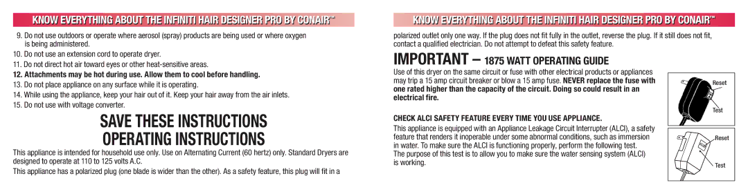 Conair 224 manual Important 1875 Watt Operating Guide, Check Alci Safety Feature Every Time YOU USE Appliance, Is working 