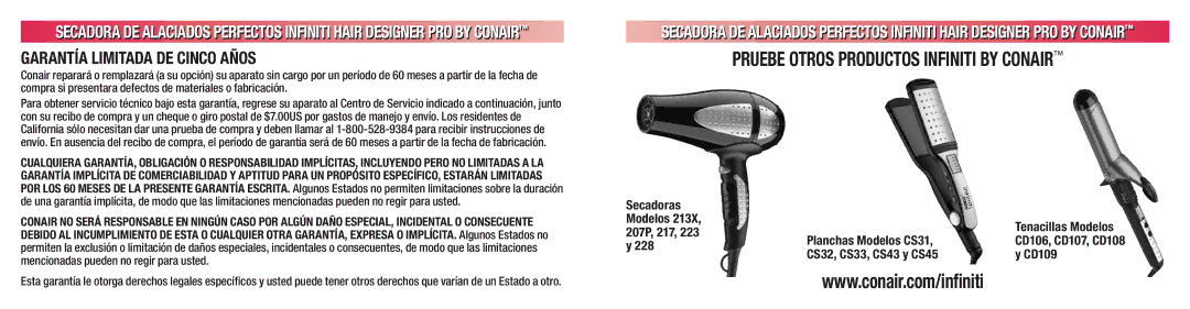 Conair 224 manual Secadoras Modelos, 207P, 217 Planchas Modelos CS31, 228, CS32, CS33, CS43 y CS45 CD109 