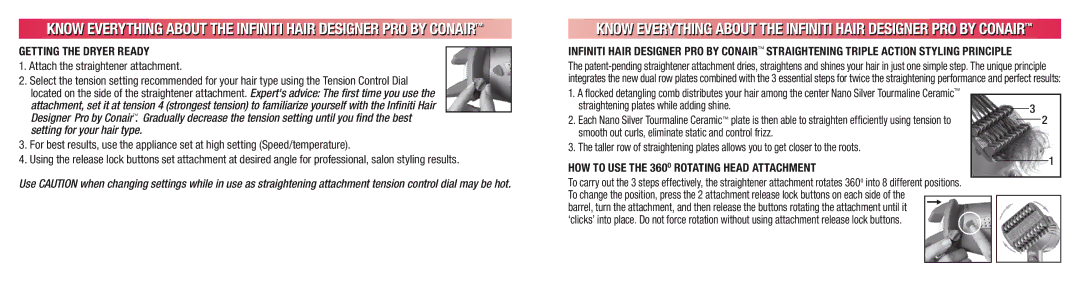 Conair 224 manual Getting the dryer ready Attach the straightener attachment, Straightening plates while adding shine 