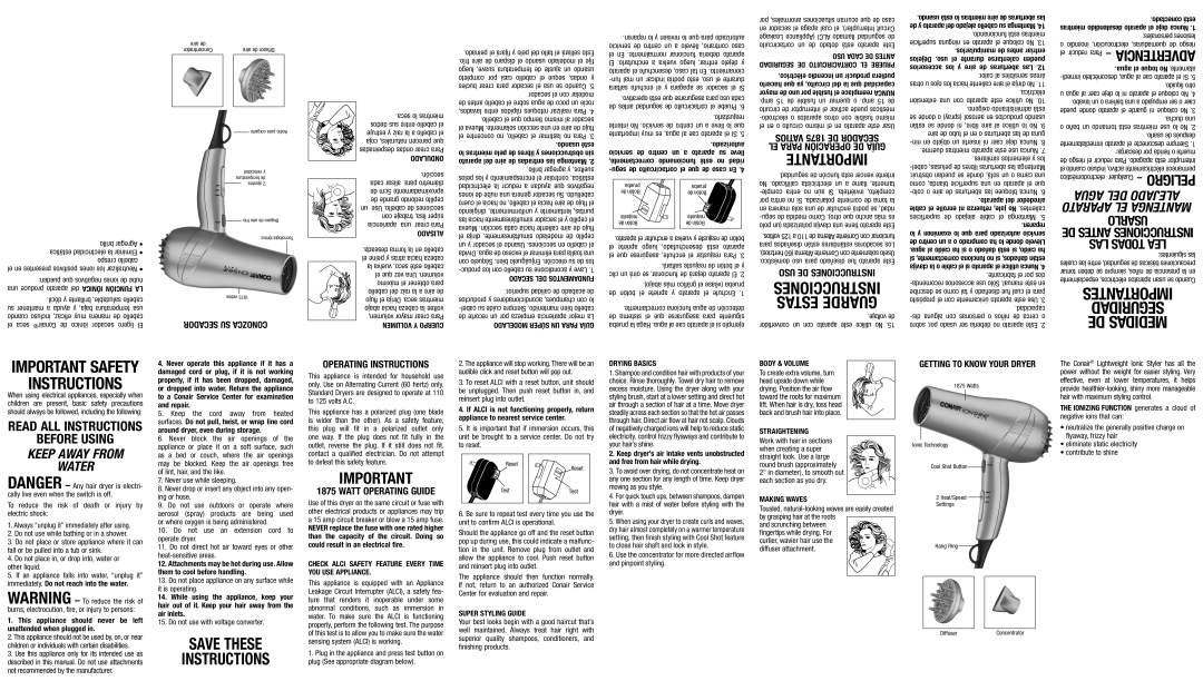 Conair 227 important safety instructions USO DE Instrucciones, Operating Instructions 