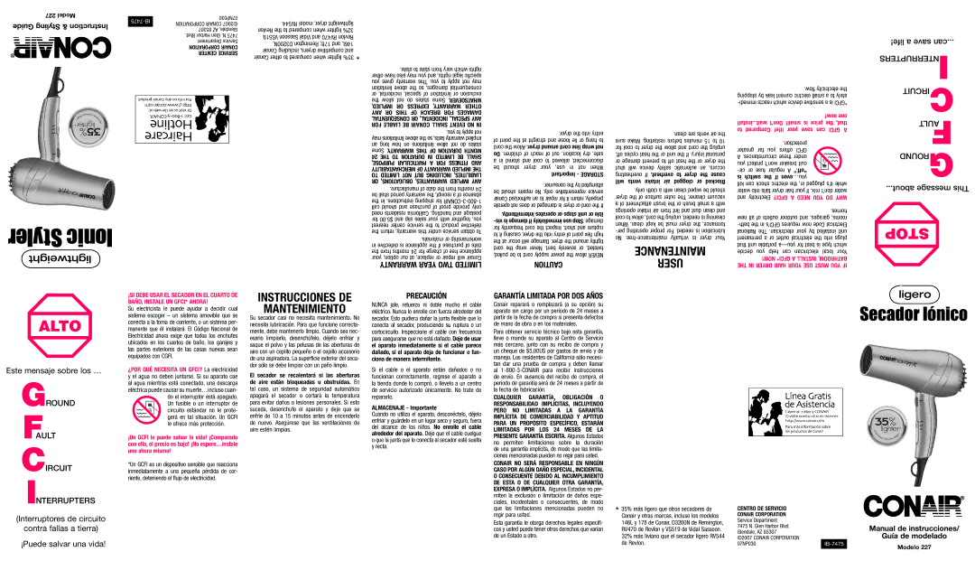Conair 227 Ground Fault Circuit Interrupters, Precaución, Be should dryer your use, Almacenaje Importante 
