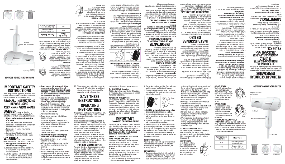 Conair 245 important safety instructions Check Alci Safety Feature Every Time YOU USE Appliance, Super Styling Guide 