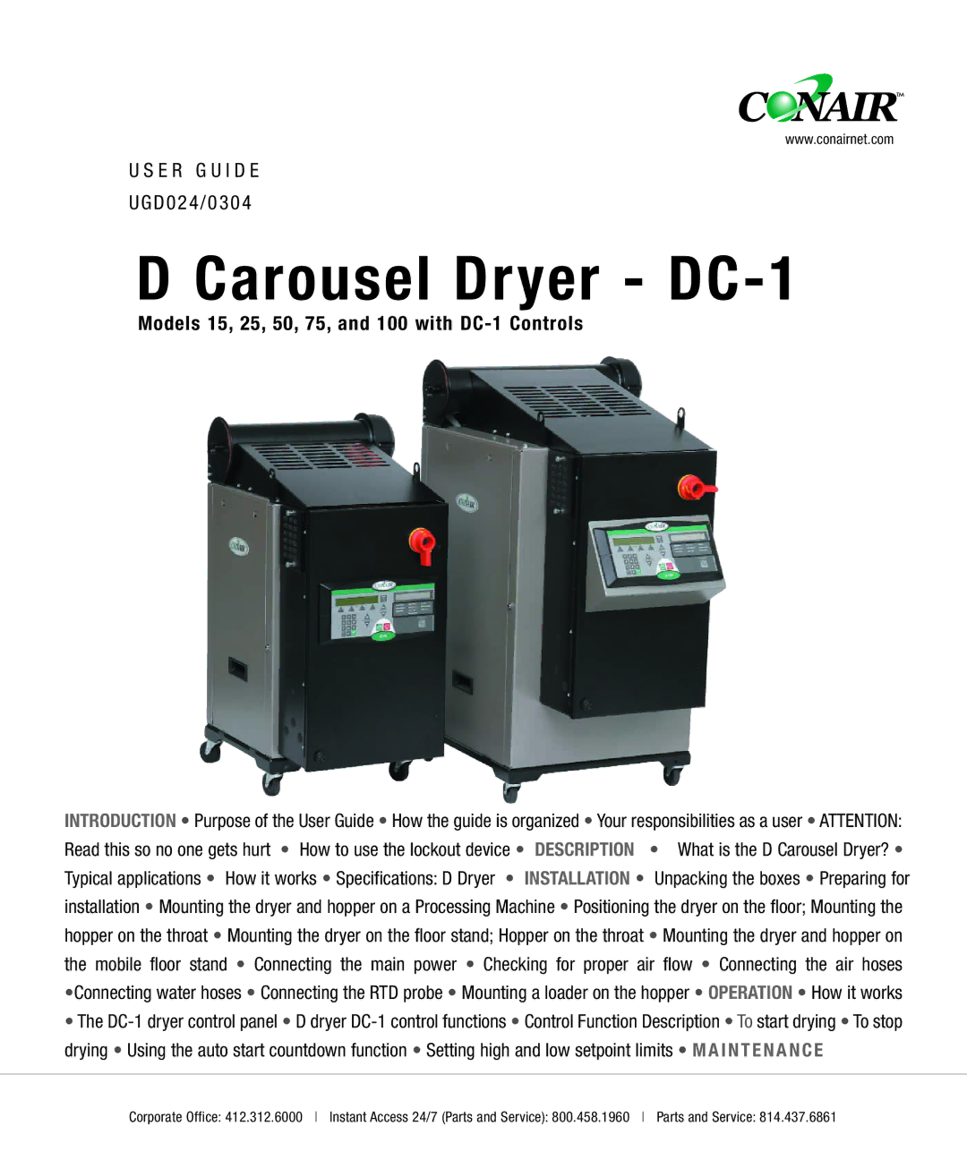 Conair 15, 25, 50, 100 specifications Carousel Dryer DC-1 