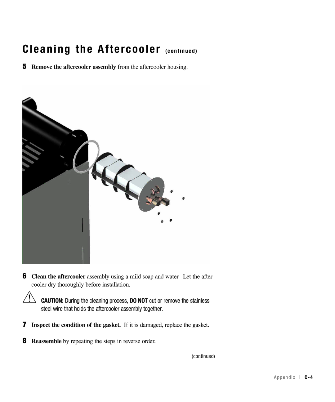 Conair 100, 25, 15 Cleaning the Aftercooler c o n t i n u e d, Remove the aftercooler assembly from the aftercooler housing 